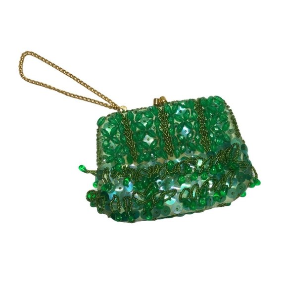 Vintage Beaded Purse Sequins Beads Wristlet Chain Coin Green JEM Hong Kong - Picture 2 of 4